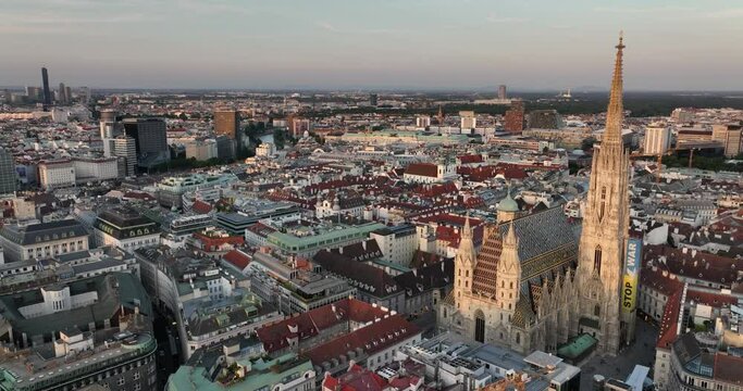 Aerial of Toward and Over St. Stephen's Cathedral in Vienna, Austria. Stephen's Cathedral, history famous buildings Vienna and Austria top view from drone.