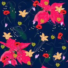 Exotic floral seamless pattern with orange and purple lilies, red poinsettia and popies on blue background. Hand drawn vector illustration.