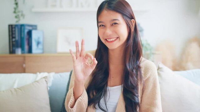 Attractive young asian woman smiles at camera showing hand OK sign in living room at home, Female shows everything fine success gesture body language, approval
