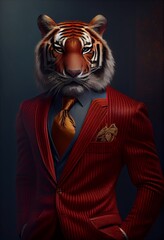 Fototapeta na wymiar Portrait of a tiger in a red suit. Generative AI