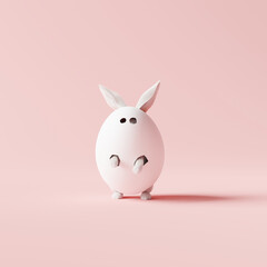 Funny Easter bunny in egg costume on pastel pink background. 3d rendering