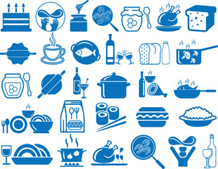 Food icon set, 30 different food icon set blue vector