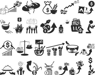 Food price hike icon set, 25 food crisis icon set black vector