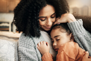 Family, love or child hug mother for Mothers Day, home bonding or embrace on living room couch. Care, custody and biracial mom, mama or woman with female youth kid, girl or daughter cuddle on sofa - Powered by Adobe