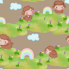 Cute sheep watercolor seamless pattern for print paper background textile fabric