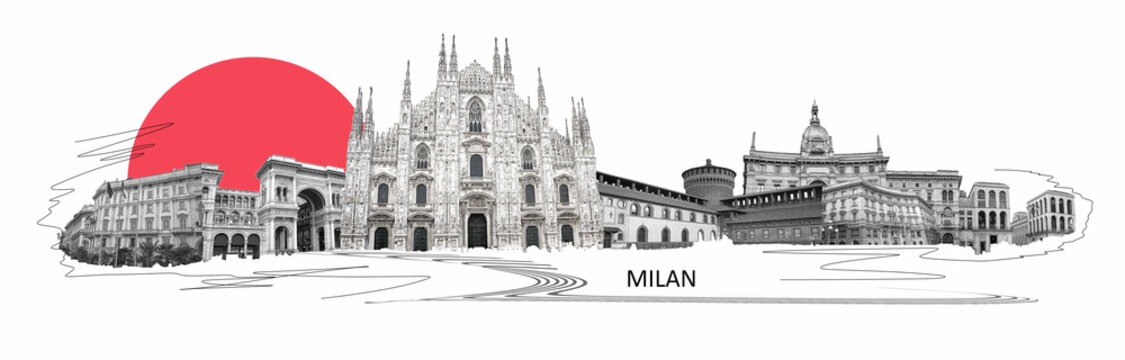 Photo collage from Milan, Italy. Collage includes major landmarks like the castle, cathedral. Art design concept