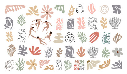 Fototapeta na wymiar Set of abstract organic shapes, exotic jungle leaves, female nude silhouettes, algae. Trendy Matisse inspired style. Contemporary art illustration isolated on transparent background. Digital stickers.
