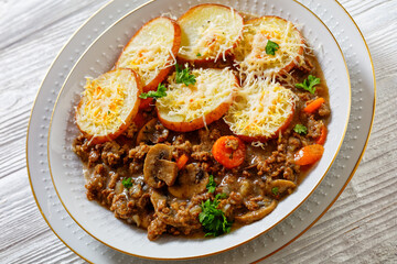 Ground Beef stew with mushrooms, carrots potatoes