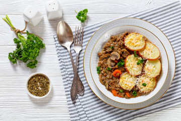 Ground Beef stew with mushrooms, carrots potatoes