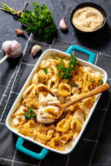 cheesy and creamy chicken and shells pasta bake