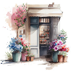 Fototapeta na wymiar Provence shop entrance with awning and flowers in front, isolated watercolor illustration on transparent or white background, generative AI
