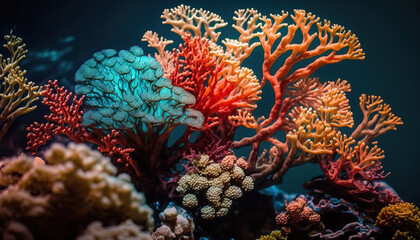 Fototapeta na wymiar Beautiful underwater scene with coral reef ocean bottom background. Tropical marine nature backdrop. AI generative image.