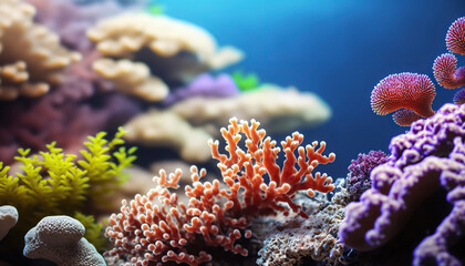 Beautiful underwater scene with coral reef ocean bottom background. Tropical marine nature backdrop. AI generative image.