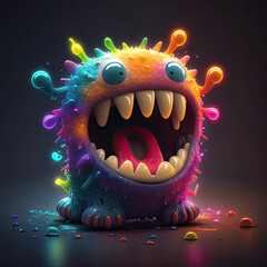 Funny and cute smiling, very toothy, neon colorful alien monster on dark background. Generative AI