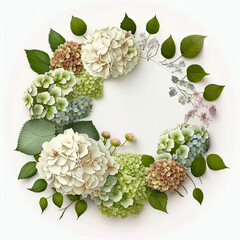 Creative layout, circle frame with hydrangea leaves and flowers on white background. Generative AI. Flat lay design. Nature concept.