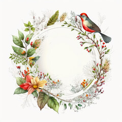 Naklejka premium Creative layout, circle frame with bright small bird, gorgeous garden leaves and flowers on white background. Generative AI. Flat lay design. Nature concept.