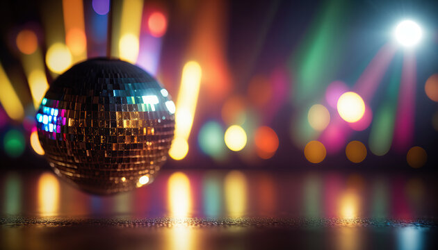 Abstract horizontal banner with disco ball and blurred night club background. Invitation flier template. AI generative image.