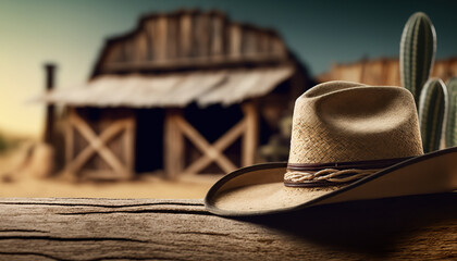 Rural background with close up cowboy hat. Rustic outdoor backdrop. AI generative image.