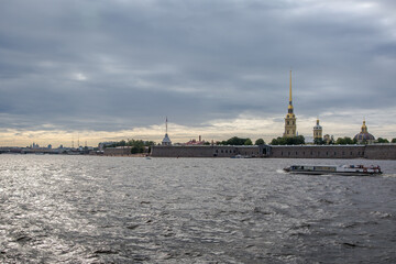 White nights in St. Petersburg. Peter and Paul Fortress. Trinity Bridge. Neva River.