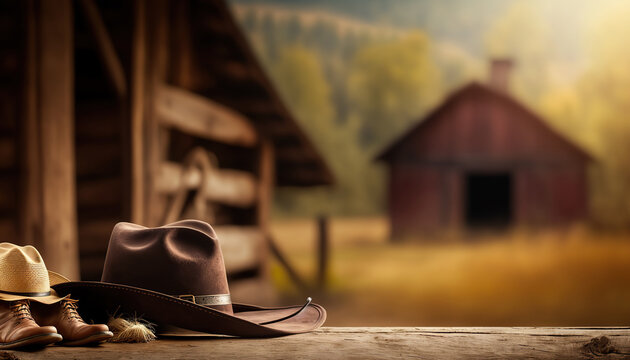 Rural background with close up cowboy hat. Rustic outdoor backdrop. AI generative image.