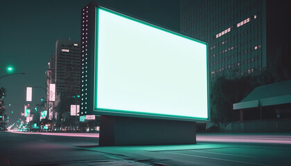 Bright neon lit billboard with empty clean copy space. Night big city outdoor background. AI generative image.