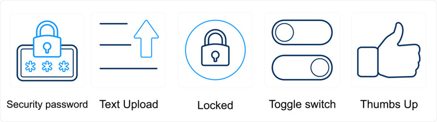 A set of 5 mix icons as security password, text uplaod, locked