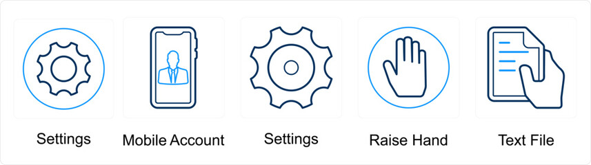 A set of 5 mix icons as settings, mobile account, raise hand