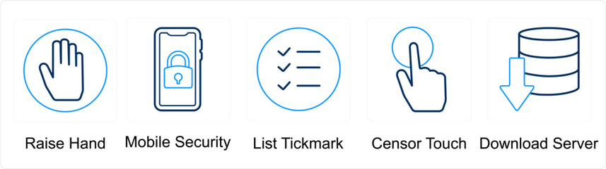 A set of 5 mix icons as raise hand, mobile security, list tick mark