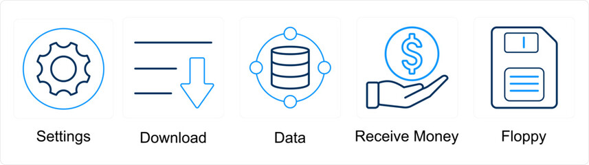 A set of 5 mix icons as settings, download, data