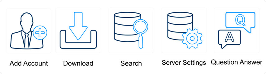 A set of 5 mix icons as add account, download, serach