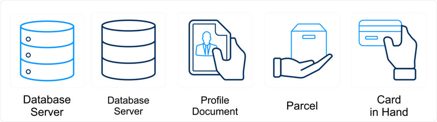 A set of 5 mix icons as database server, database server, profile document