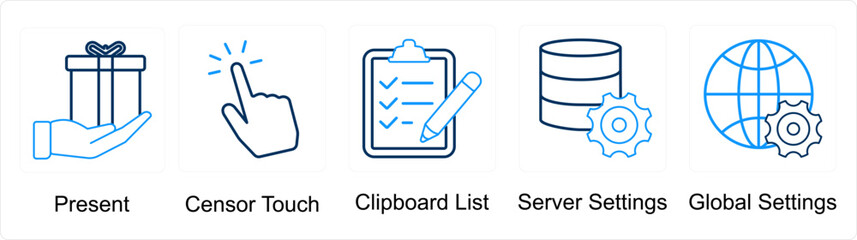 A set of 5 mix icons as present, censor touch, clipboard list