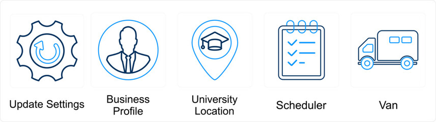 A set of 5 mix icons as update settings, business profile, university location