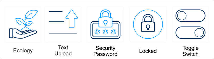 A set of 5 mix icons as ecology, text upload, security password