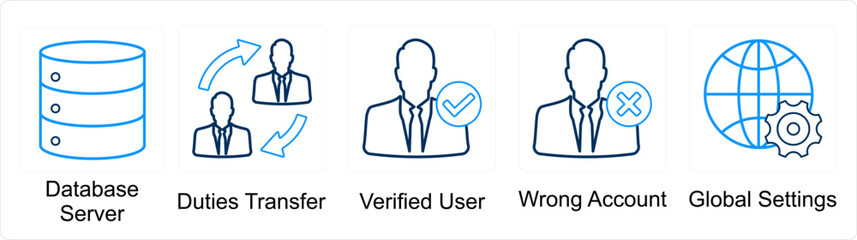 A set of 5 mix icons as database server, duties transfer, verified user