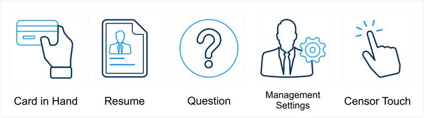 A set of 5 mix icons as card in hand, resume, question