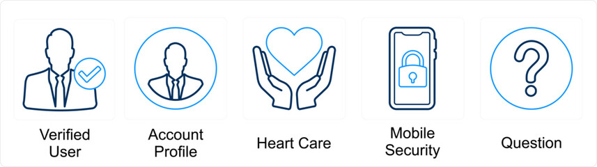 A set of 5 mix icons as verified user, account profile, heart care