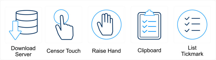 A set of 5 mix icons as download server, censor touch, raise hand