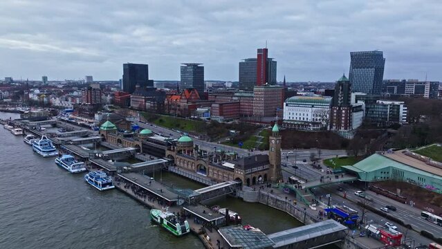 Drone shot revealing St. Pauli Piers ( St. Pauli Landungsbr&uuml;cken ) , Hamburg , Germany .