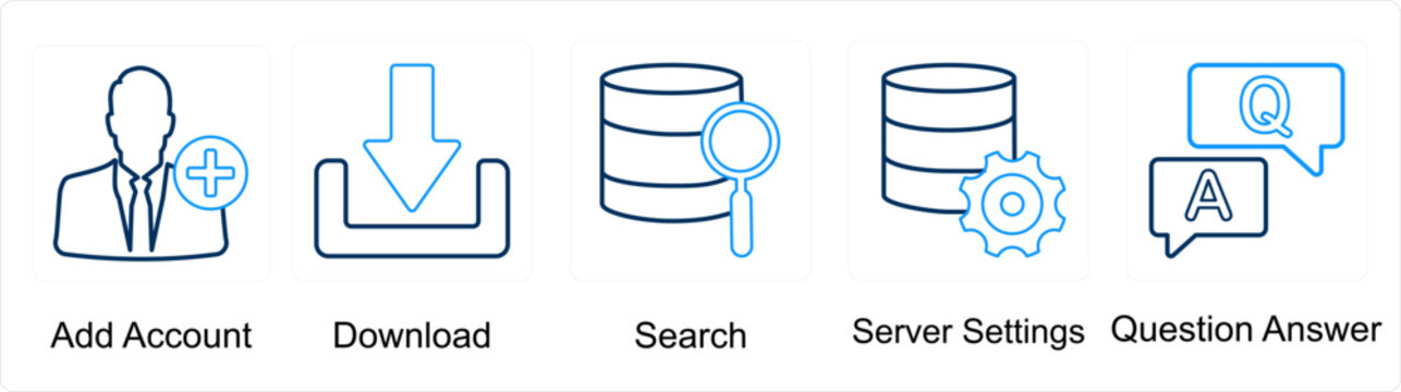 A set of 5 mix icons as add account, download, serach