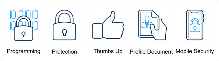 A set of 5 mix icons as programming, protection, thumbs up