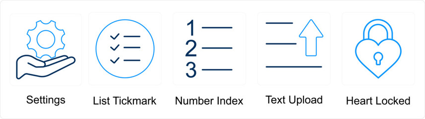 A set of 5 mix icons as settings, list tick mark, number index