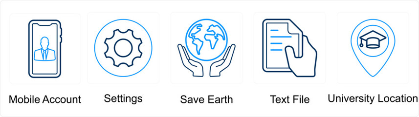 A set of 5 mix icons as mobile account, settings, save earth