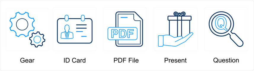 A set of 5 mix icons as gear, id card, pdf file