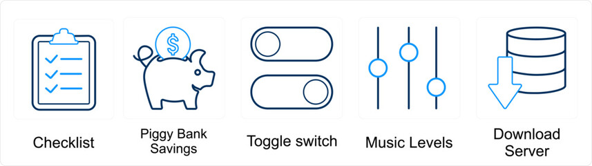 A set of 5 mix icons as checklist, piggy bank savings, toggle switch