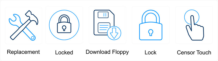 A set of 5 mix icons as replacement, locked, download floppy, lock
