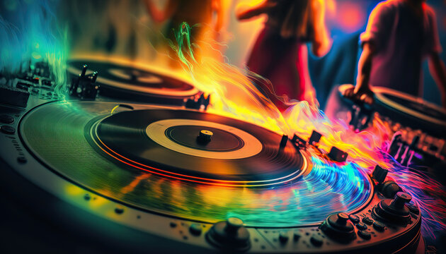 Professional dj music mixing turntable console on the foreground and blurred crowd of dancing people on backdrop. Night club party event poster horizontal template. AI generative image.
