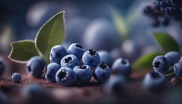 Close up ripe sweet fresh blueberry berries with green leaves. Healthy food concept. AI generative image.