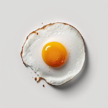 Close up top view of fried egg on white background, breakfast food concept. AI generative image.