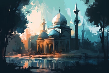 serene painting of a mosque during Ramadan. digital art illustration. generative AI. - obrazy, fototapety, plakaty
